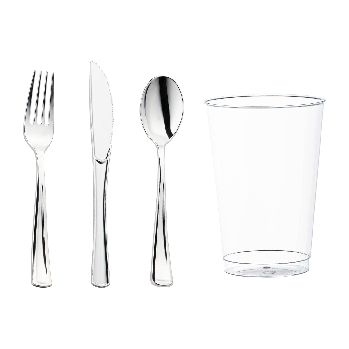 Silver disposable set includes forks, knives, spoons, and cups for elegant table settings