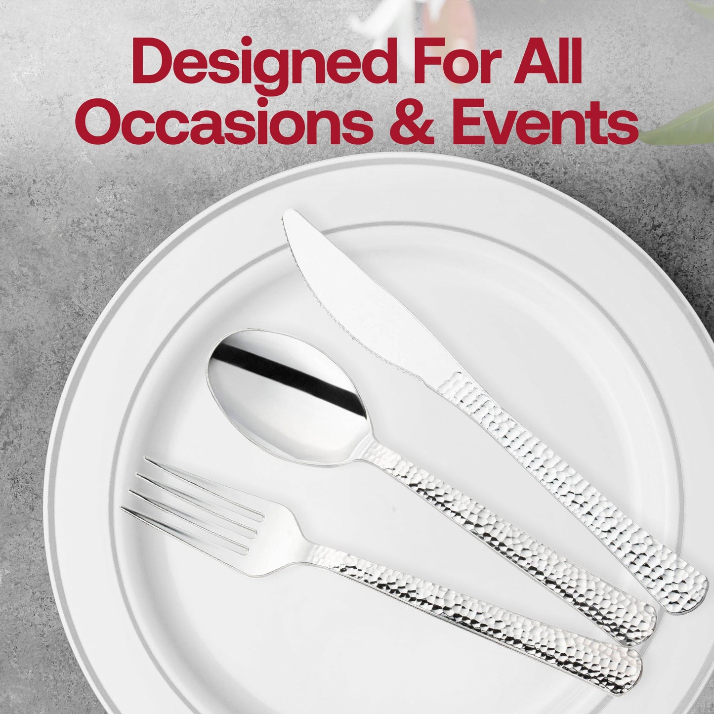Silver hammered plastic knives, disposable, 7.75 inches, 1000-count – Heavy-duty plastic cutlery with a stylish hammered finish for a premium look.