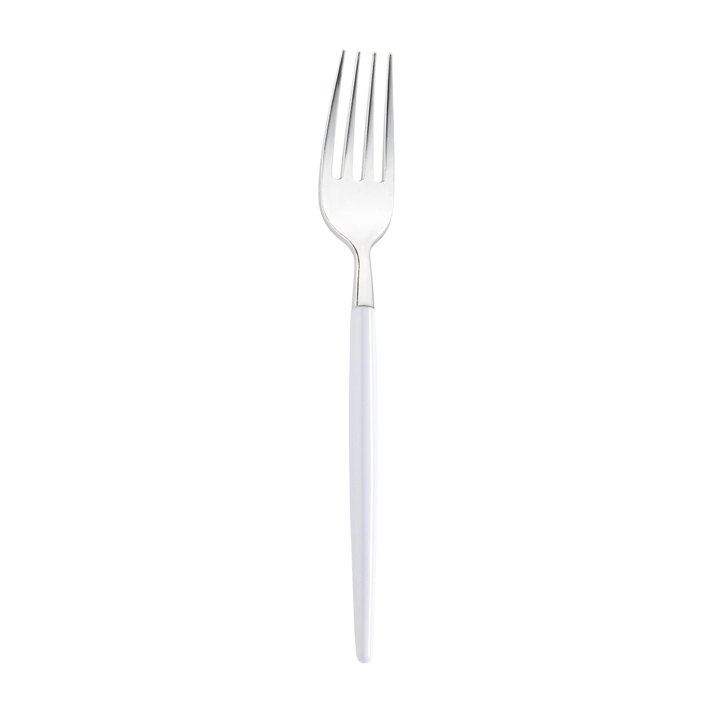 Silver plastic dinner forks with disposable convenience, featuring sleek white handles, available in 240-pack