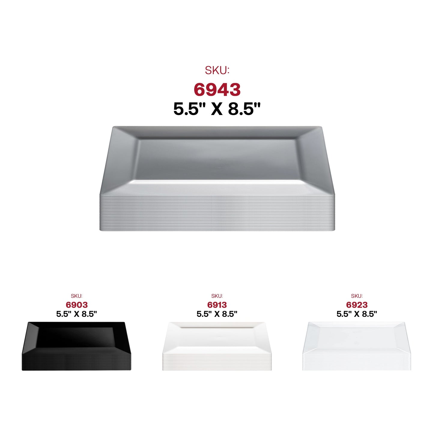 Silver rectangular plastic dessert plates, 5.5 x 8.5 inches, sold in a 120-count pack for elegant dessert presentations