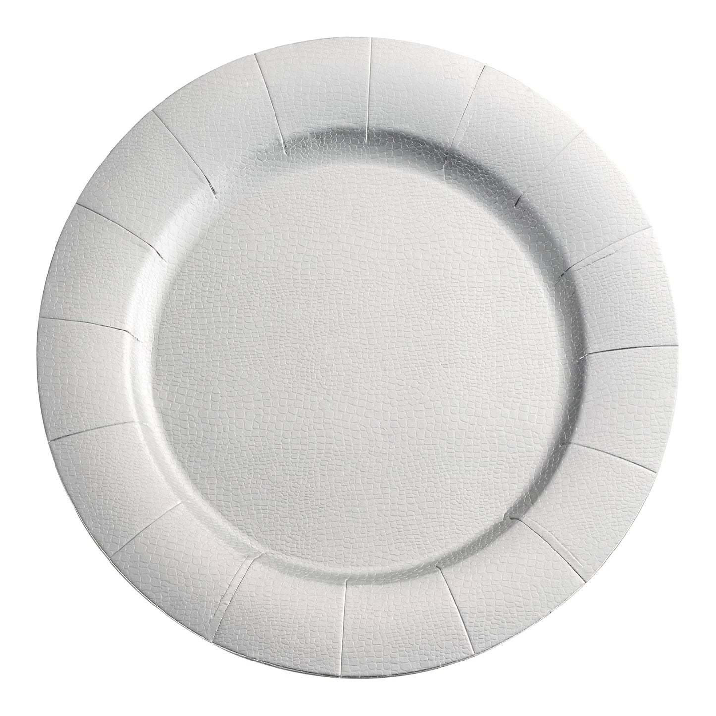 Silver round disposable paper charger plates, 13-inch diameter, pack of 120