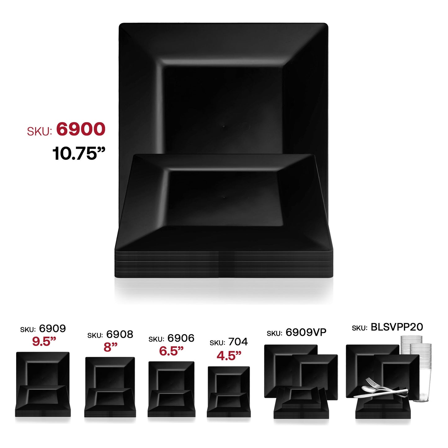 Sleek and modern black plastic dinner plates, square shape, 10.75 inches