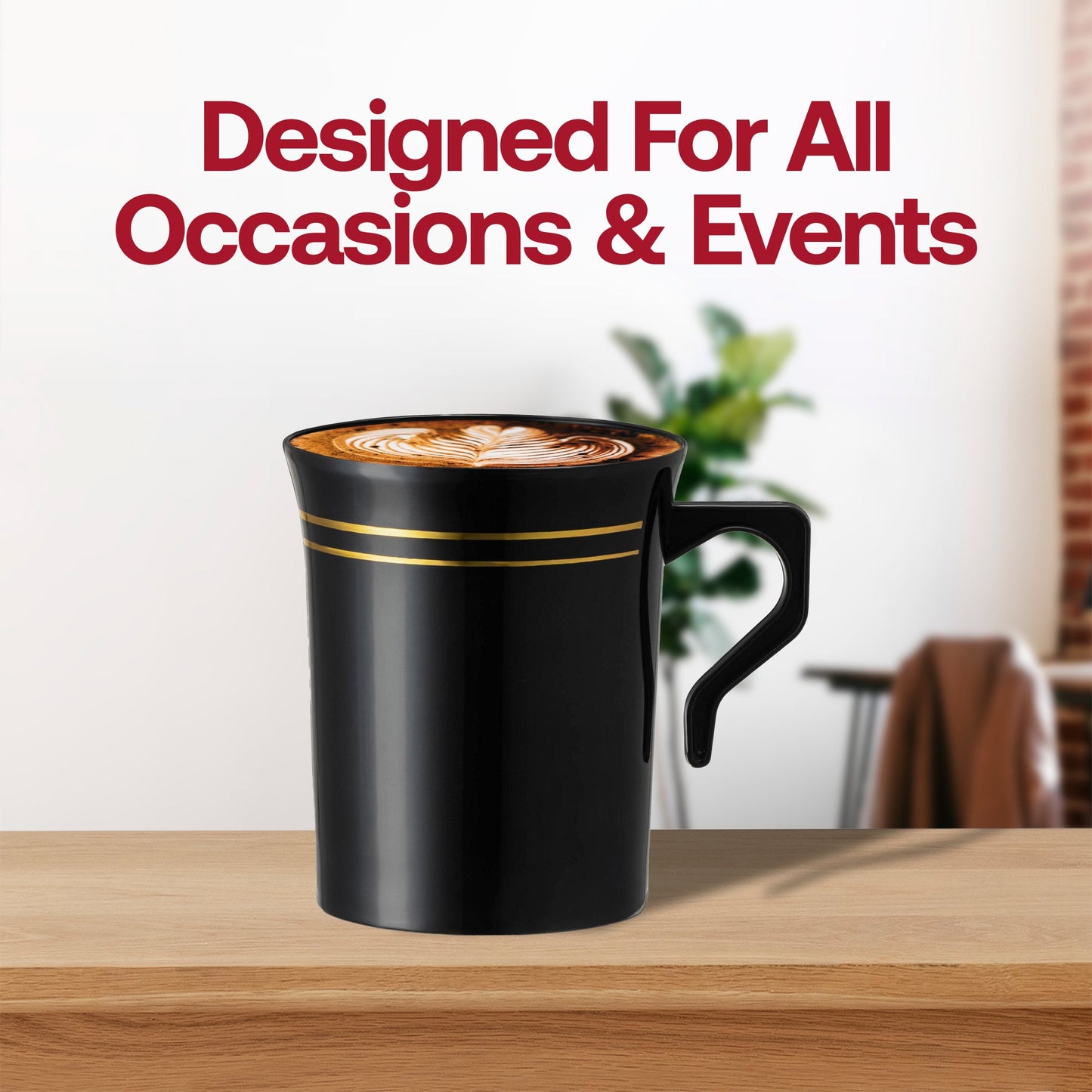 Sleek and modern black round plastic coffee mugs, 8-ounce capacity, gold edge rim detail, sold as a 120-pack