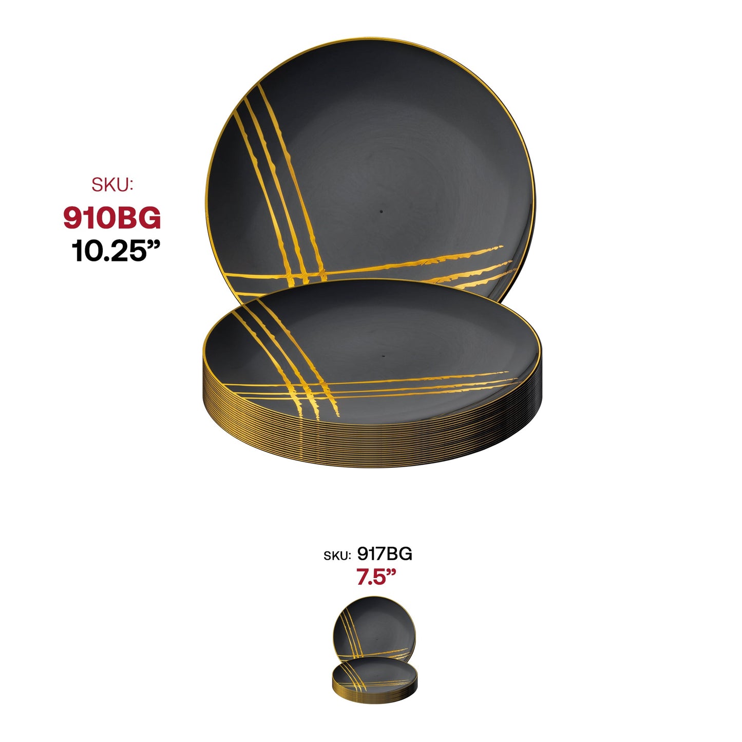 Sleek black and gold disposable dinner plates made from plastic, 10.25 inches wide, pack of 120 for events
