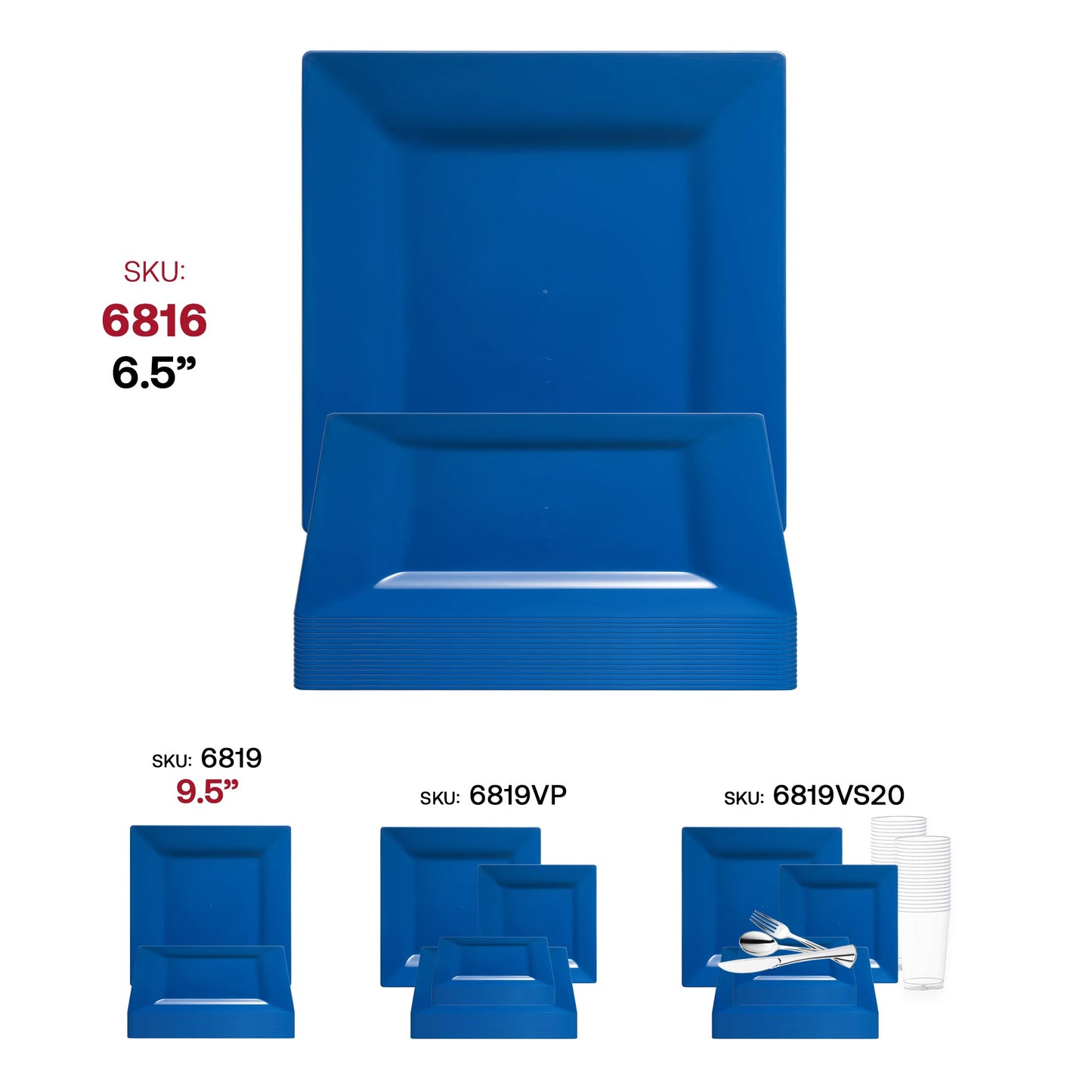 Sleek midnight blue square disposable cake plates, made of plastic, 6.5-inch size