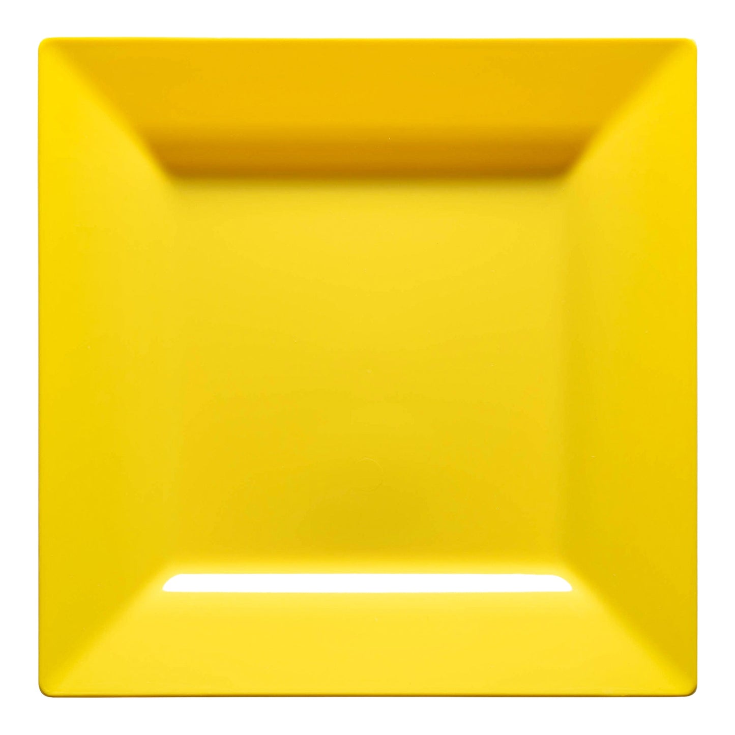 Sleek yellow square disposable dinner plates, made of plastic