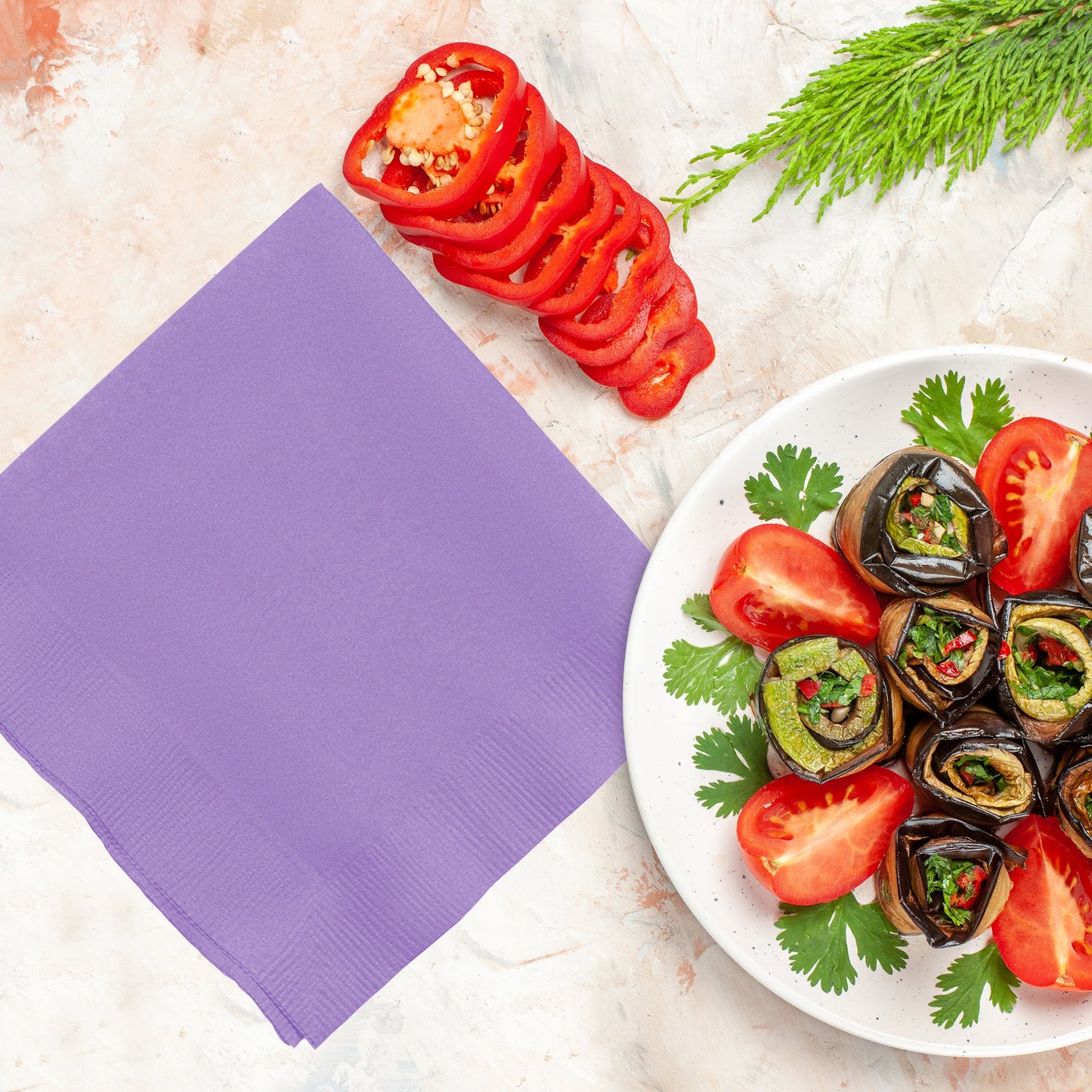 Soft, absorbent luscious lavender paper napkins, 10" square unfolded, ideal for cocktails, beverages, and dessert bars.