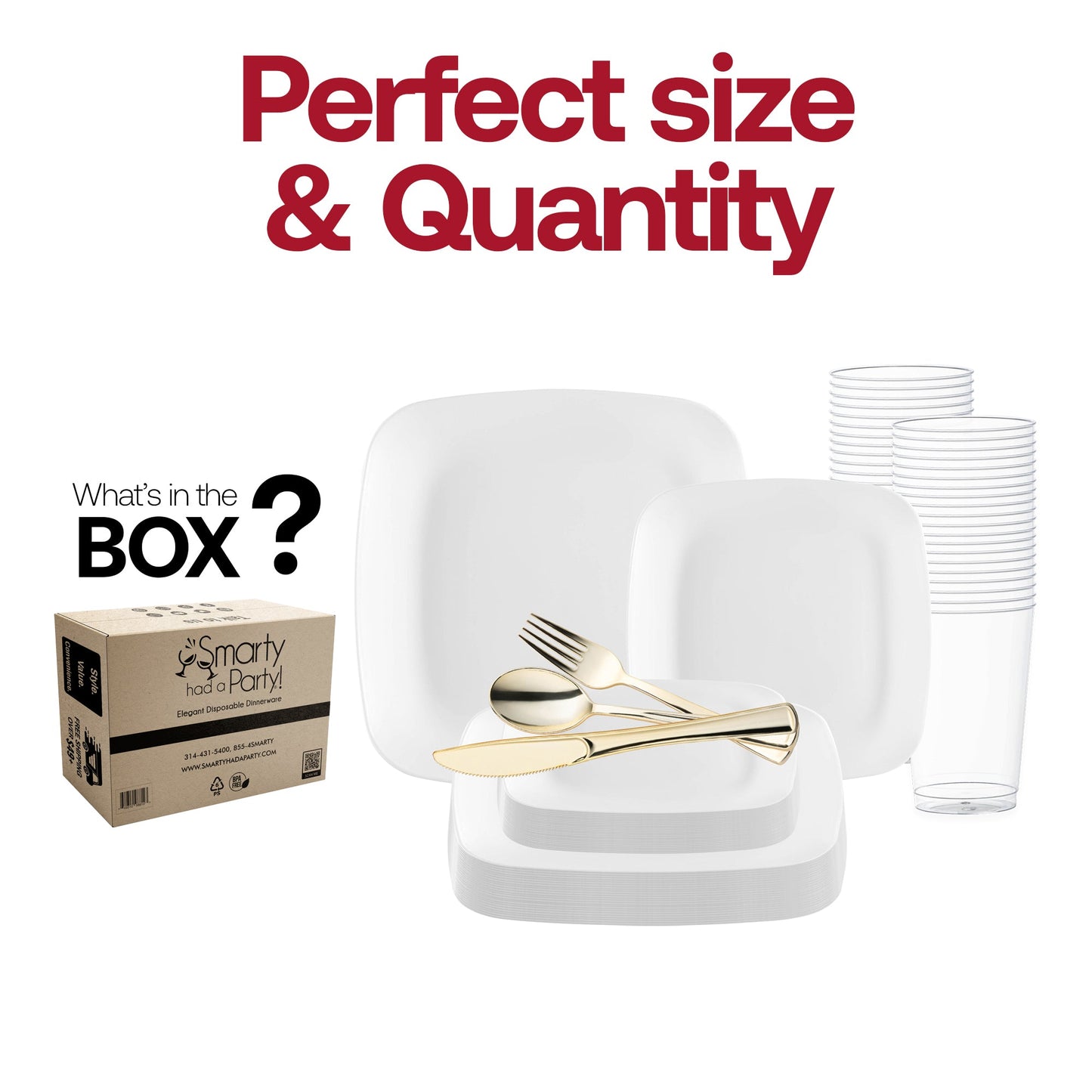 Solid White Flat Rounded Square Disposable Plastic Wedding Value Set with Gold Cutlery includes dinner plate 10", appetizer plate 7.25", fork 7.25", knives 8", spoons 6.25", and cups 4.5" for a complete dining set