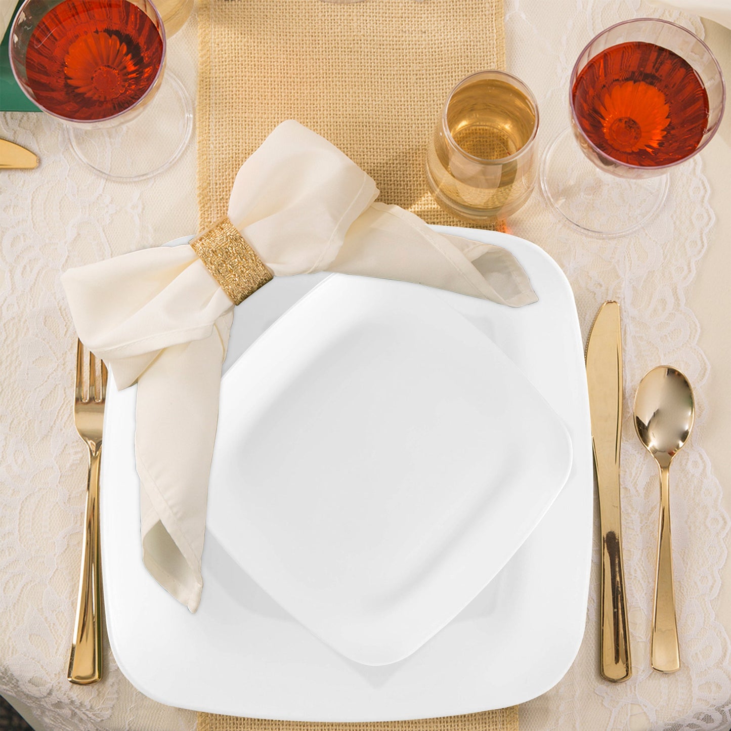 Solid White Flat Rounded Square Disposable Plastic Wedding Value Set with Gold Cutlery includes dinner plates and appetizer plates, providing ample quantity for large or intimate events