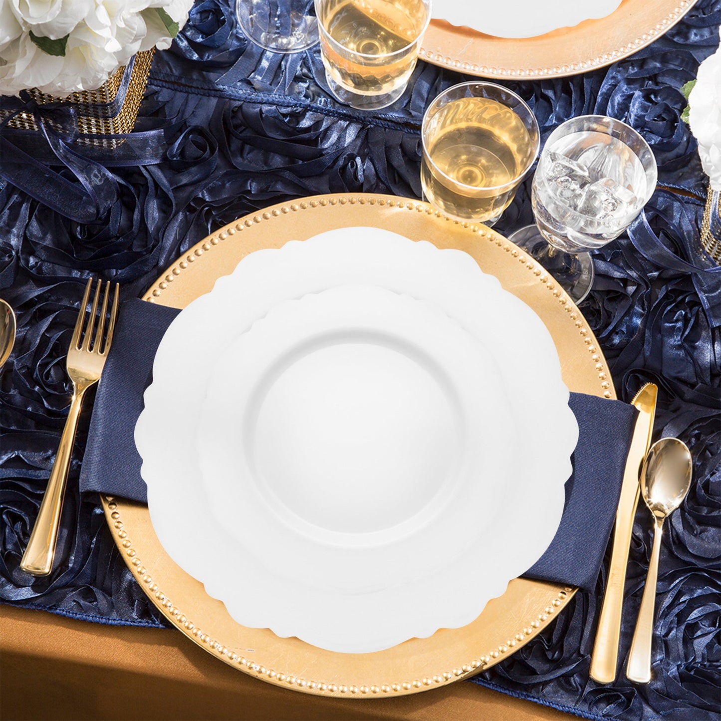 Solid White Round Blossom Disposable Plastic Wedding Value Set, SKU 4840WH-VS20, includes 10" dinner plates, 7.5" appetizer plates, 7.25" forks, 8" knives, 6.25" spoons, and 4.5" cups