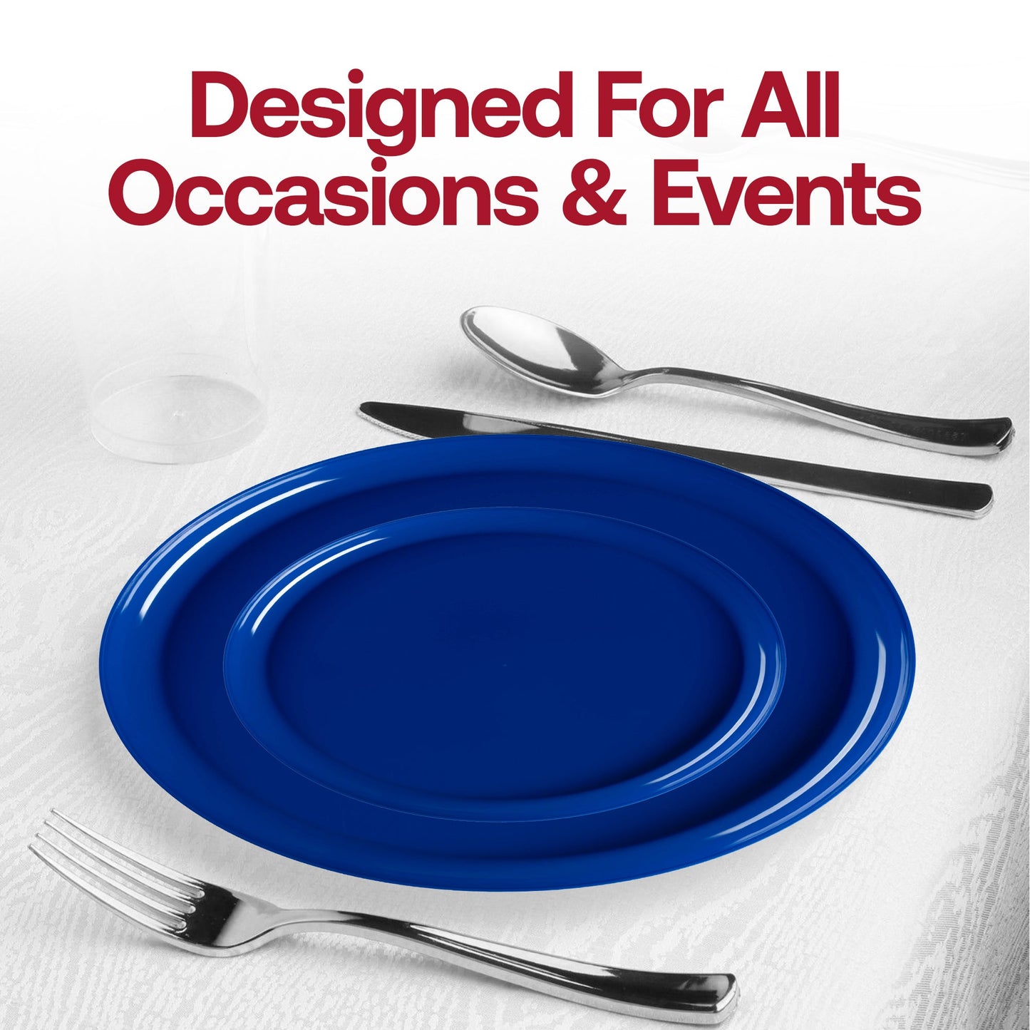 Solid blue flat round disposable plastic plates, 10-inch diameter, durable and lightweight, perfect for catering, 120-pack