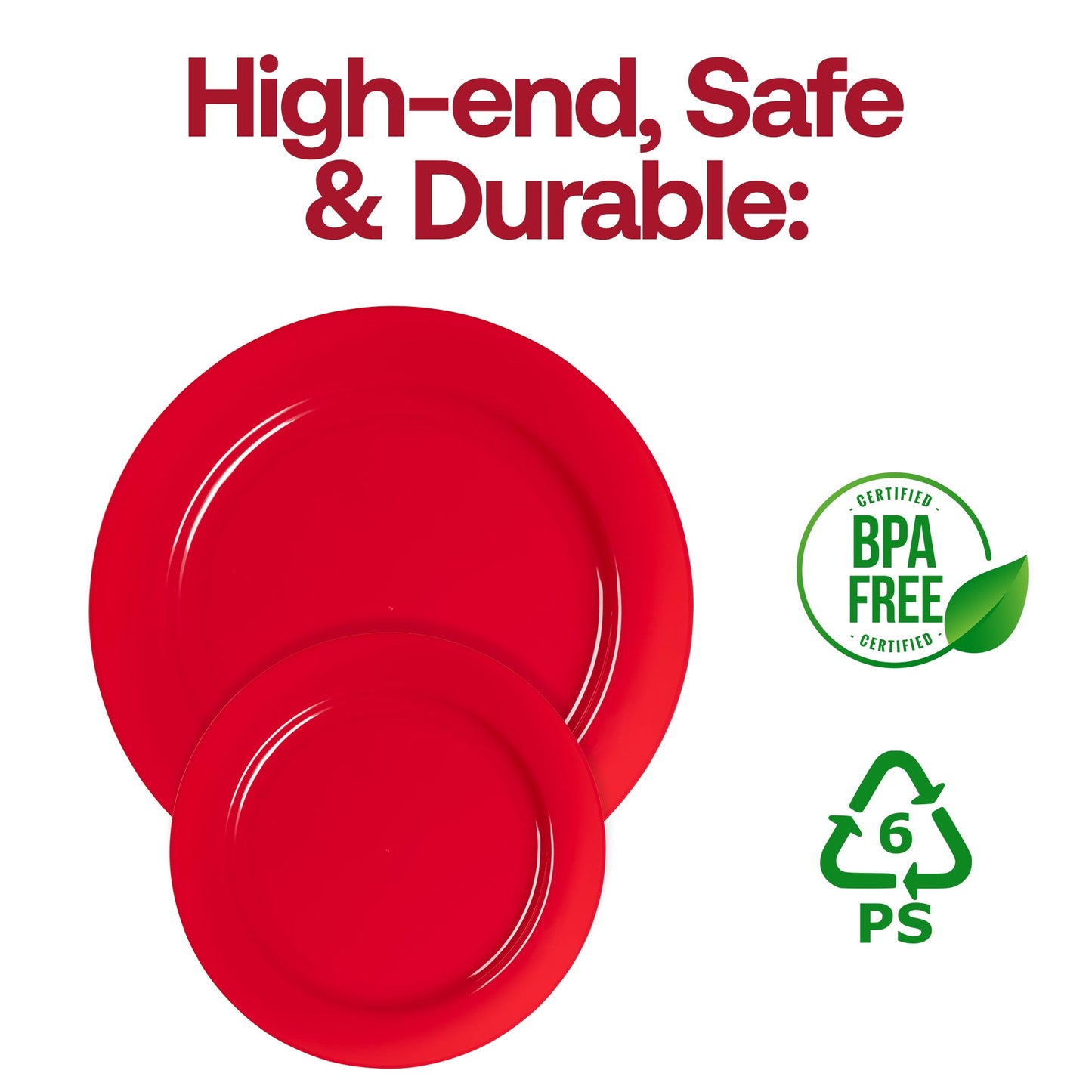 Solid red round disposable plastic appetizer plates, 7.5-inch diameter, BPA-free