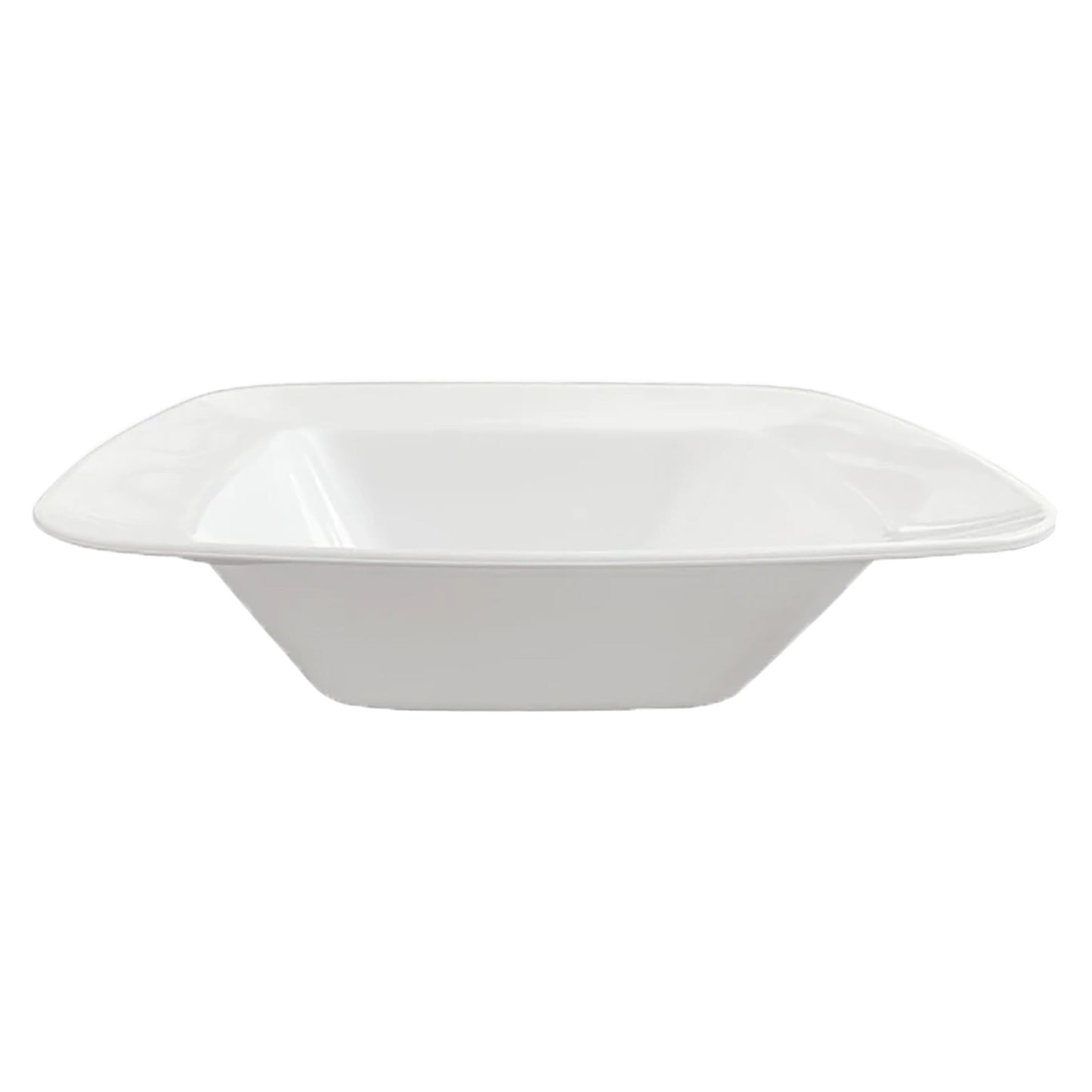 Solid white disposable plastic dessert bowls with a rounded square shape