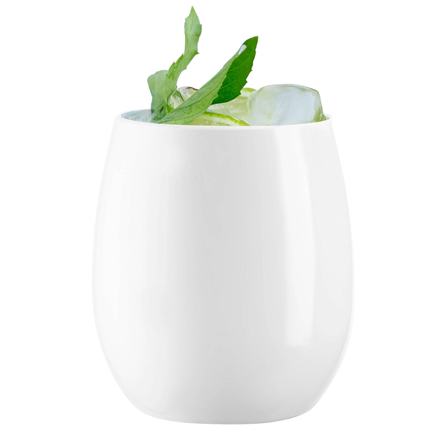 Solid white stemless plastic wine glasses with a smooth, elegant design, 12 oz capacity, perfect for upscale events