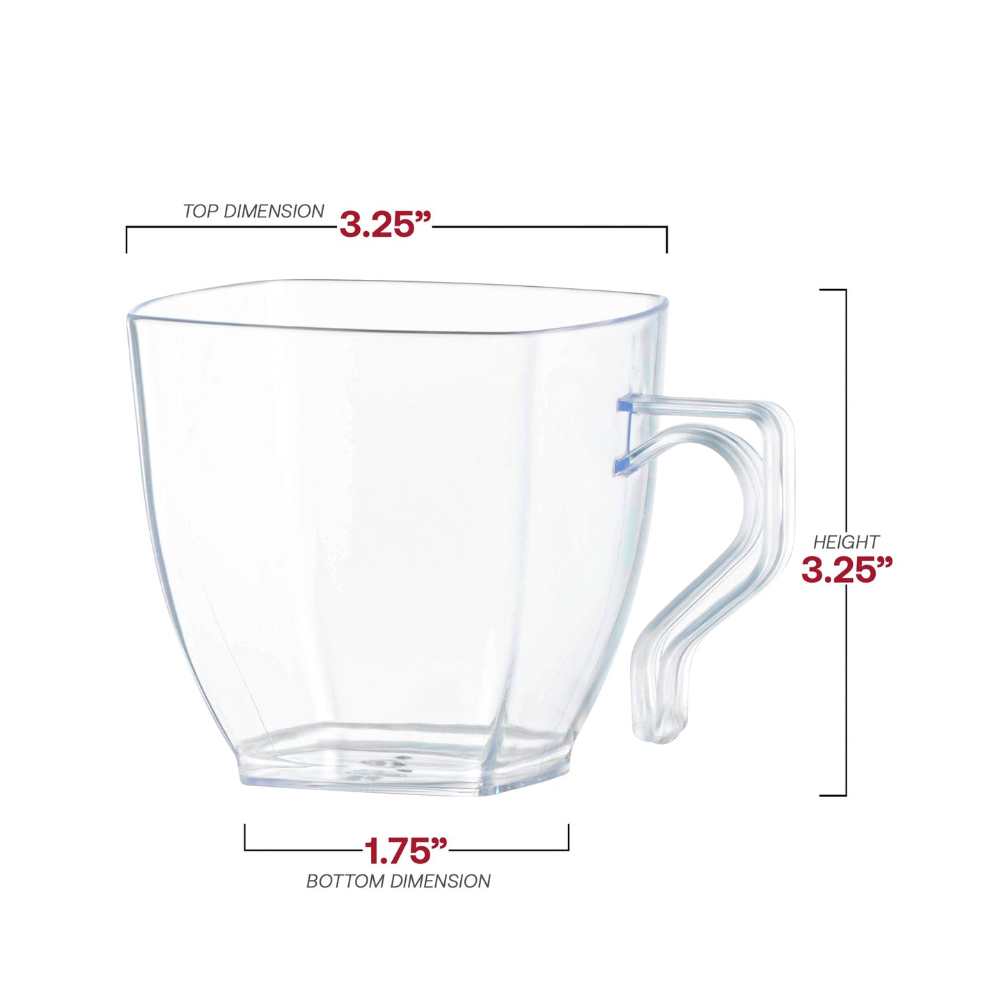 Space-saving clear plastic coffee mugs with a square design and 8 oz capacity, conveniently stackable for easy storage, measuring 3.25”x3.25”
