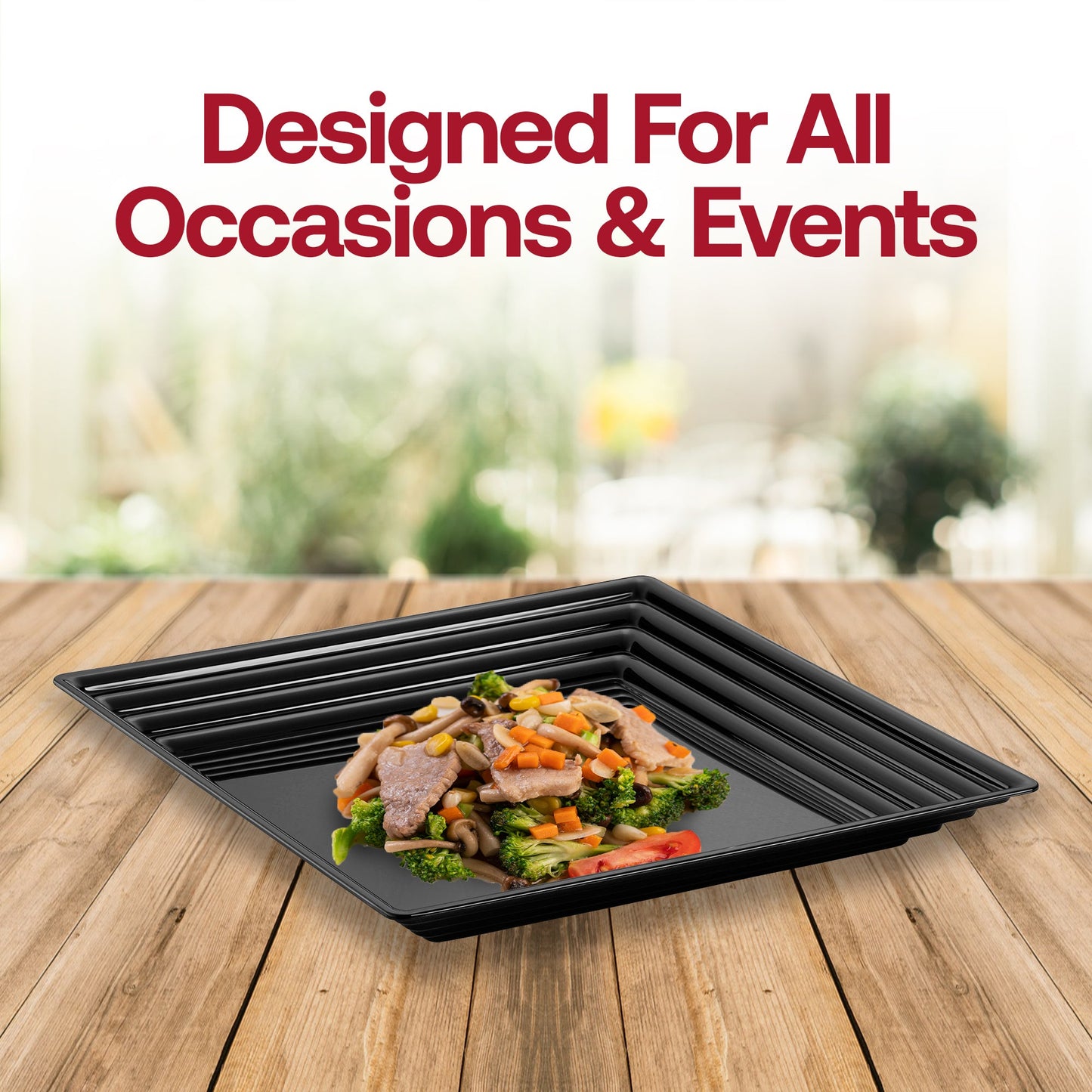 Square black serving tray used at a catered event, holding an assortment of savory snacks