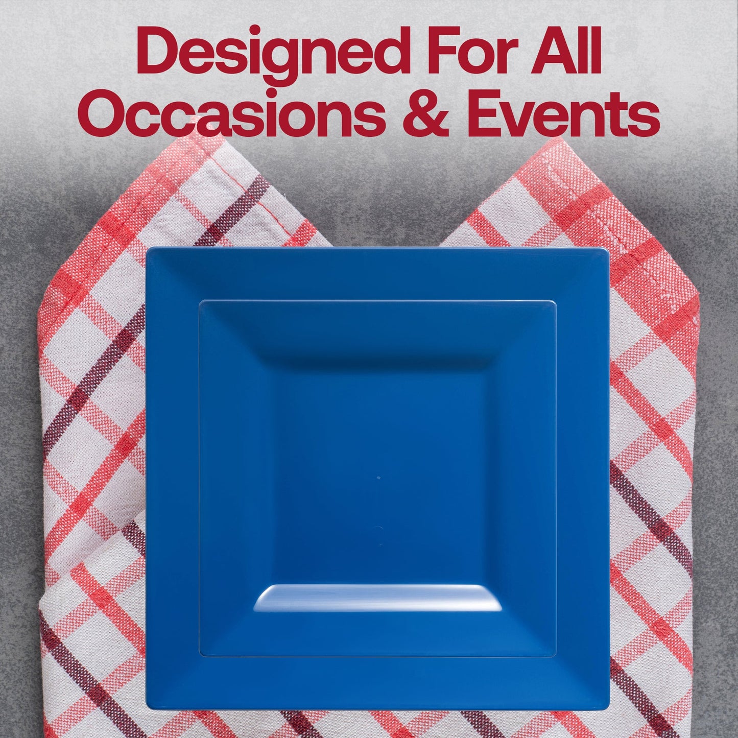 Square midnight blue plastic dinner plates, 9.5 inches, ideal for serving meals at formal or casual celebrations