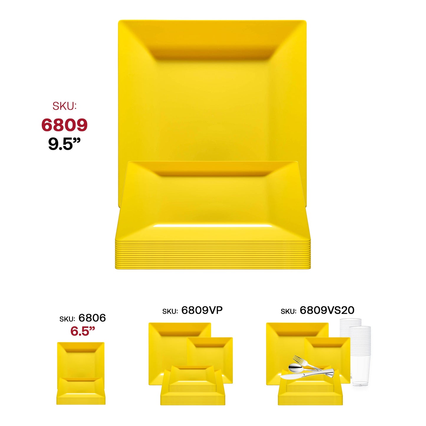 Square yellow plastic dinner plates, 9.5 inches, ideal for serving meals at weddings or celebrations