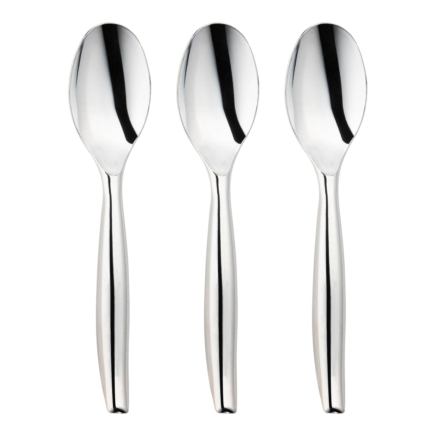 Sturdy disposable silver plastic serving spoons, great for serving salads, pasta, and more