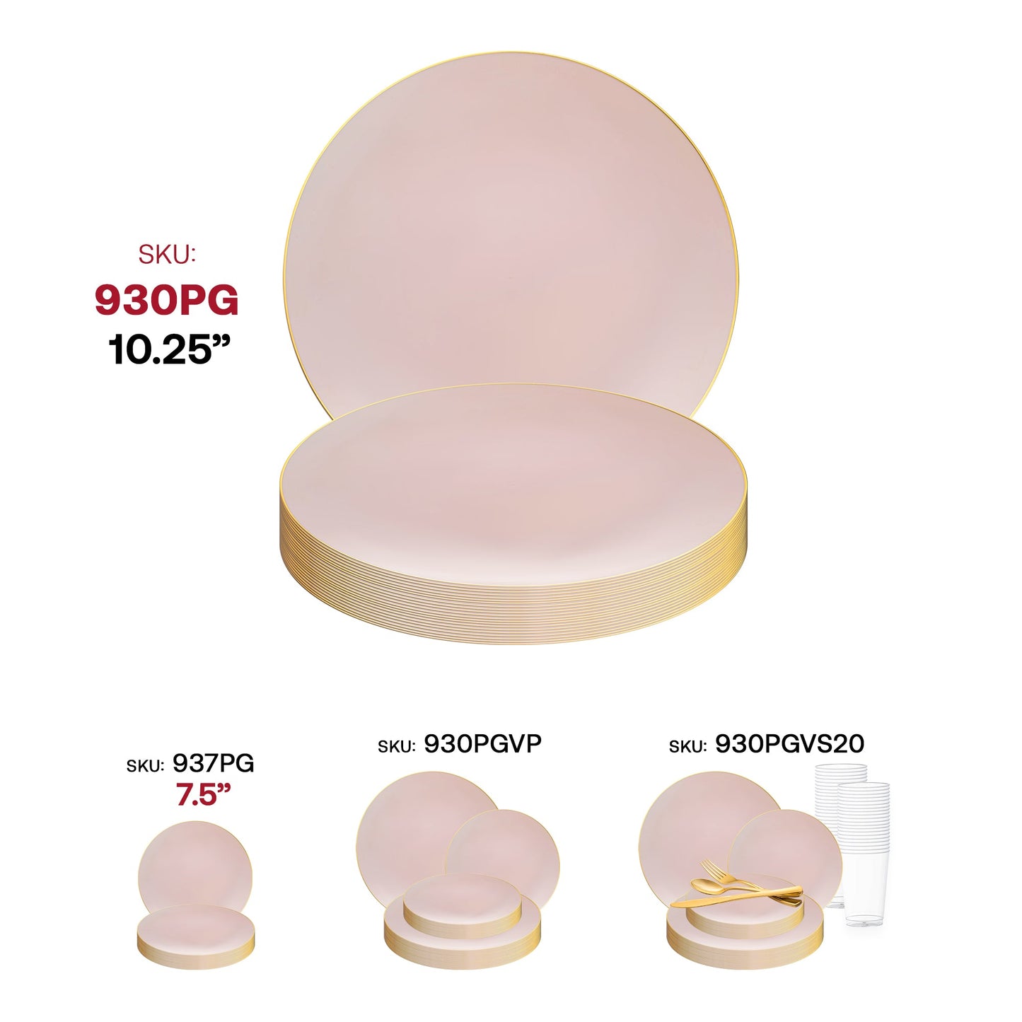 Stylish 10.25-inch pink dinner plates with a gold organic rim design, round and disposable, pack of 120