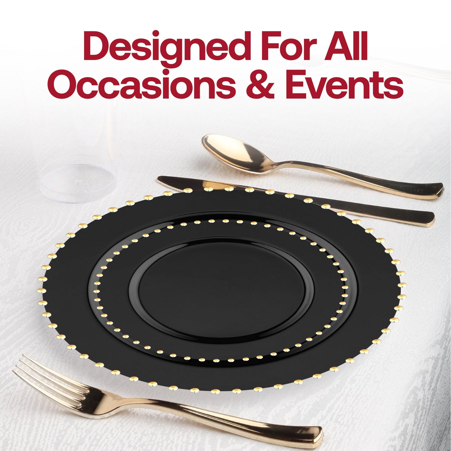 Stylish black plastic dinner plates with an elegant gold pearl string rim, 10-inch size, disposable, pack of 120