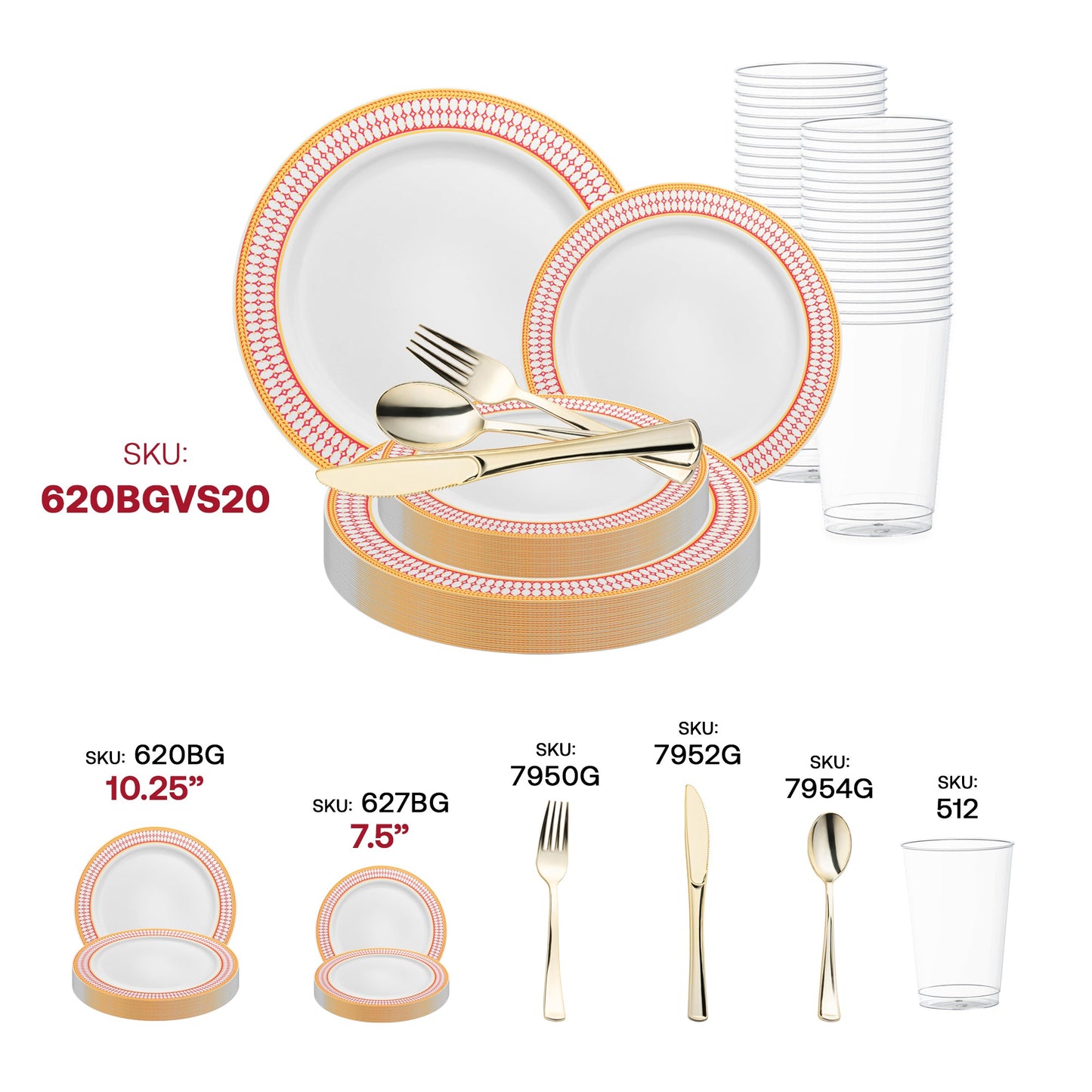 Stylish dining scene featuring the White with Red and Gold Chord Rim Plastic Wedding Value Set, adding a festive touch to your special day