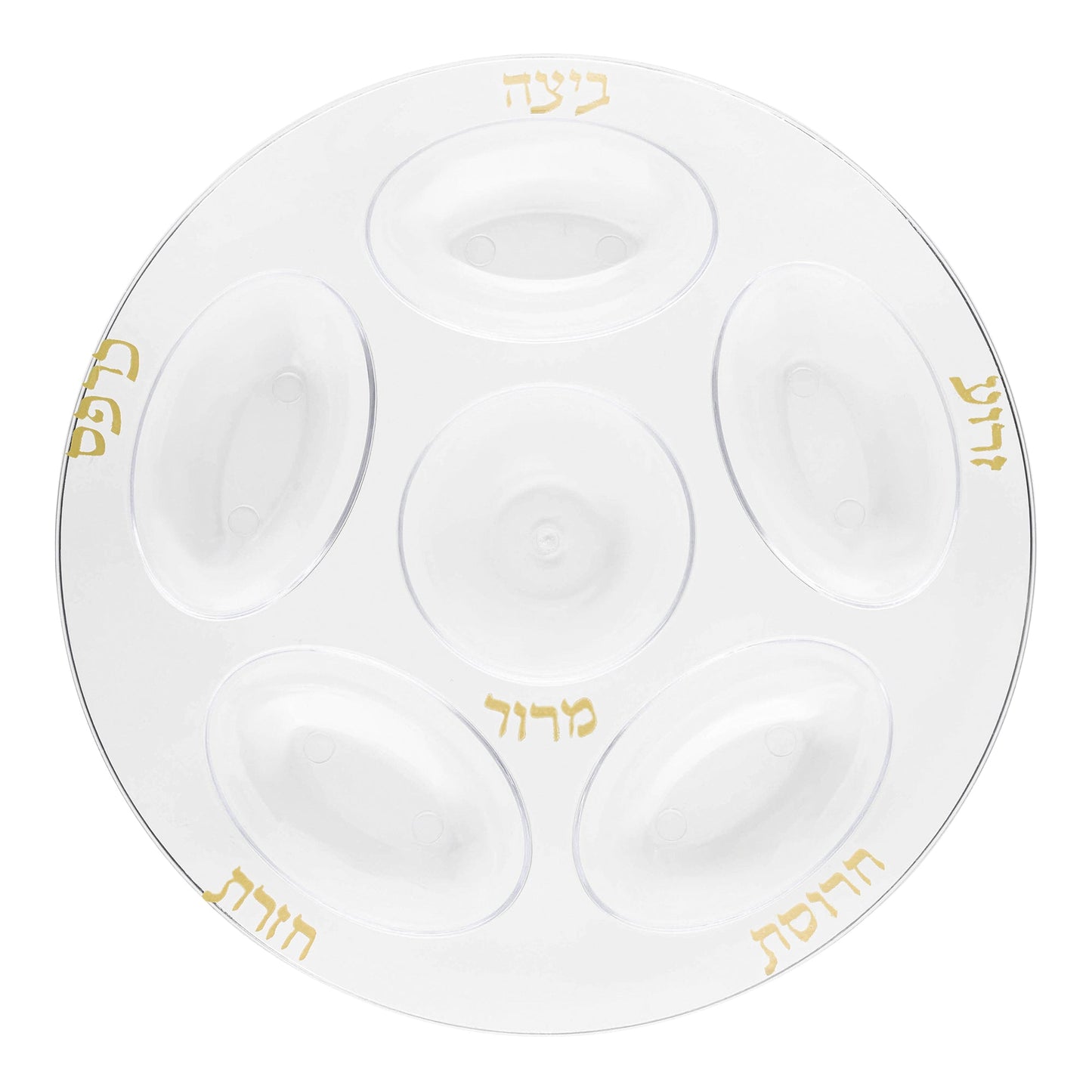 Stylish disposable Seder plates, clear plastic with gold section dividers