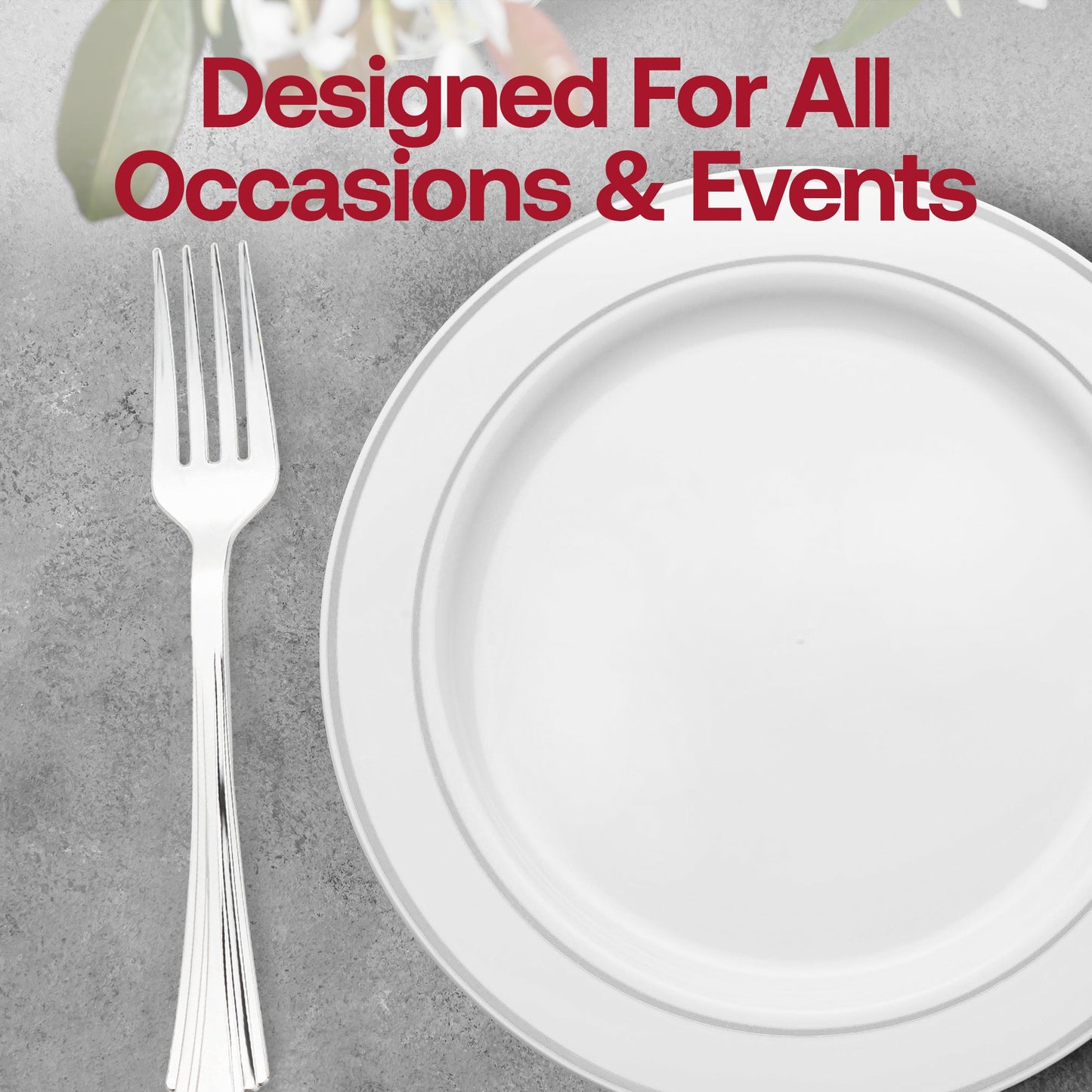 Stylish metallic silver plastic forks with textured grooves for grip, 6.75 inches long, disposable, case of 600