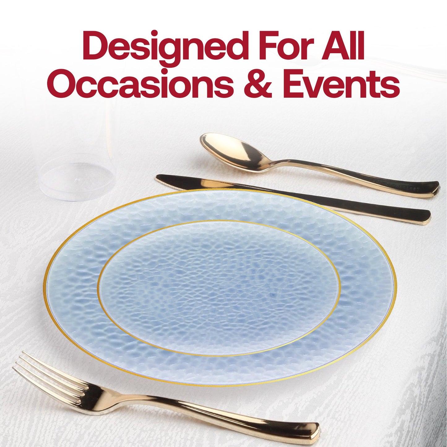 Stylish pearl clear blue dinner plates with a gold hammered rim, 10.25 inches in diameter, disposable, sold in packs of 120