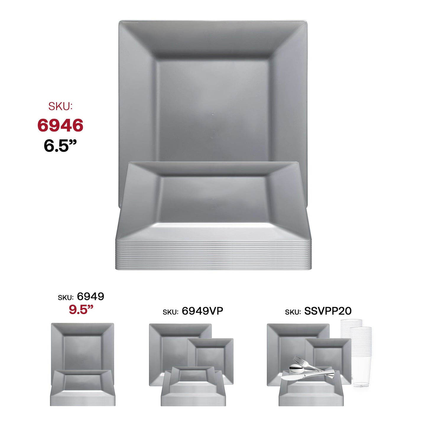 Stylish silver square disposable plates, 6.5-inch size, great for salads or small appetizers