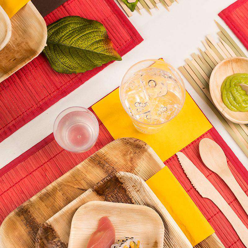 Stylish square appetizer plates crafted from natural palm leaf, 7-inch size, disposable and eco-conscious
