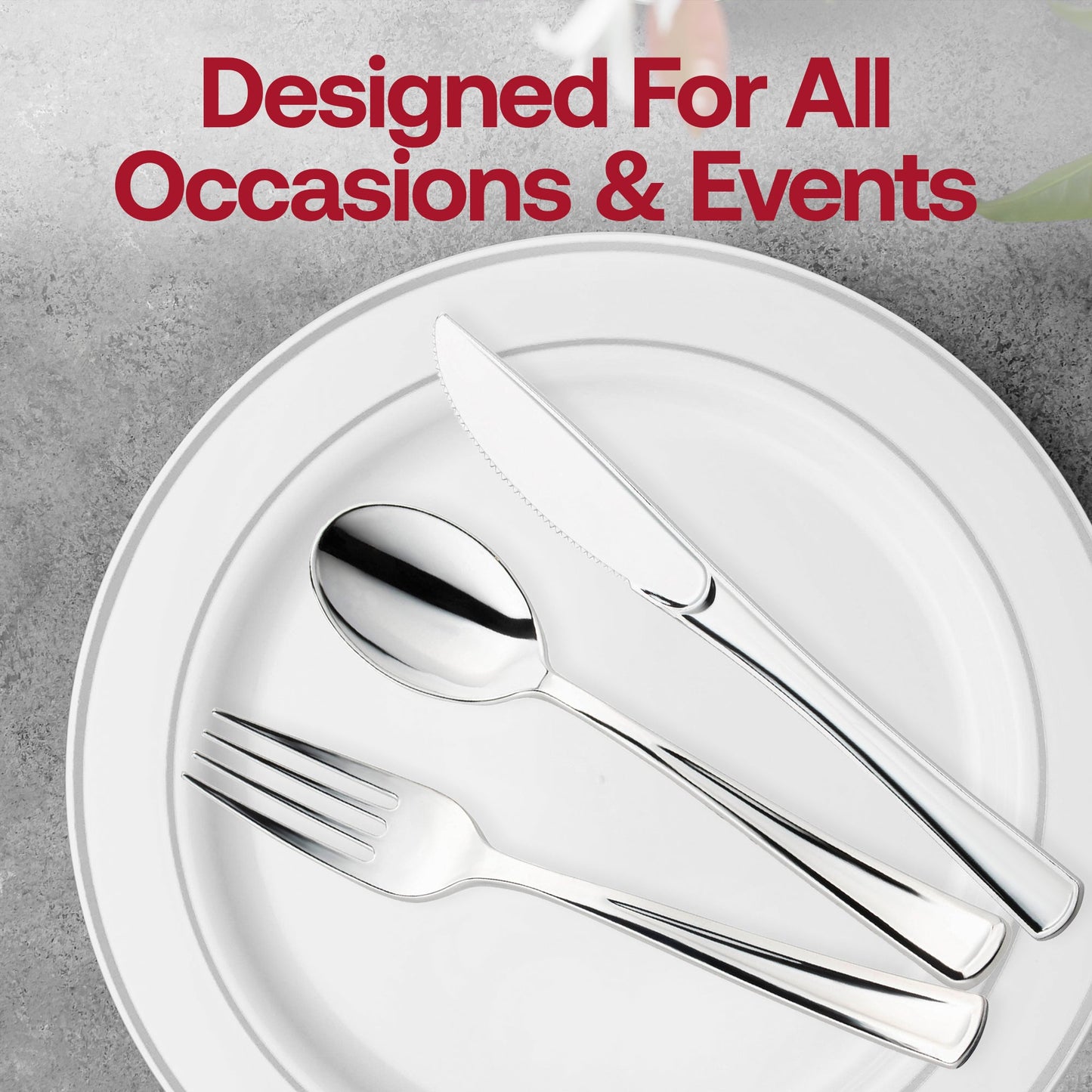 Stylish table setting with Shiny Metallic Silver Knives arranged beside crystal glassware and artisan bread plates