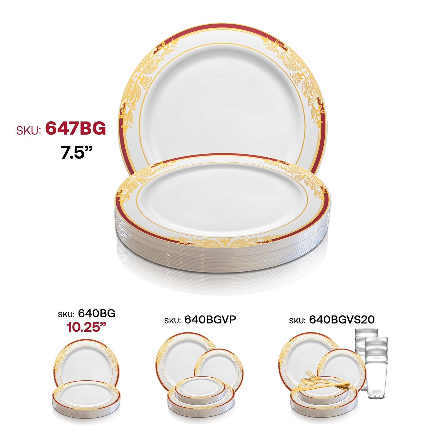 Stylish white round plastic appetizer plates with burgundy and gold harmony detailing on the rim, 7.5-inch size