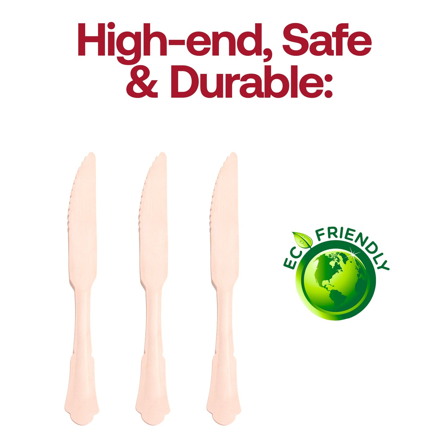 Sustainable wooden dinner knives, 8 inches, bulk pack of 600 – Eco-friendly knives designed for weddings, parties, and catering events.