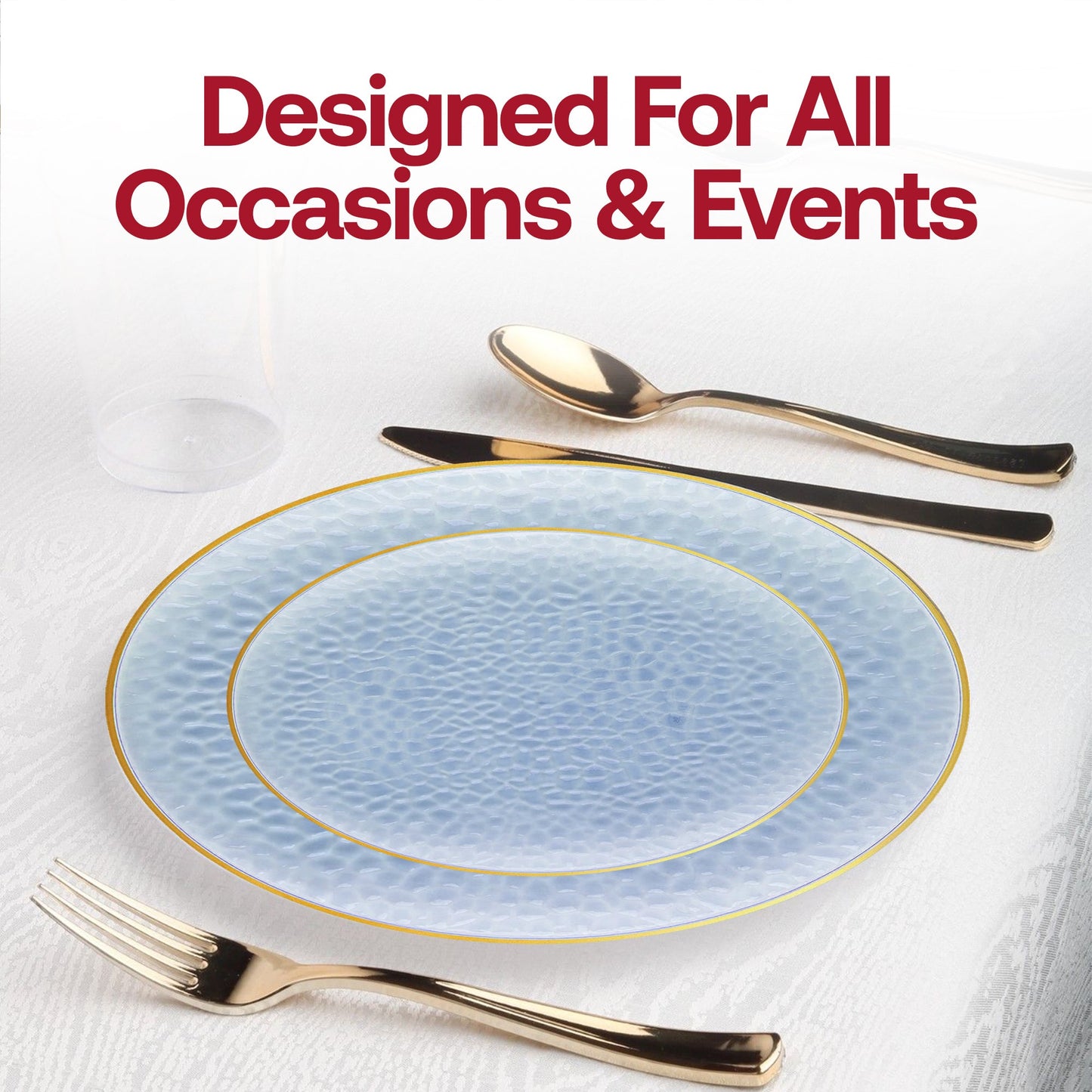 Tabletop elegance elevated by the Clear Blue and Gold Hammered Glass Set in a modern reception setting