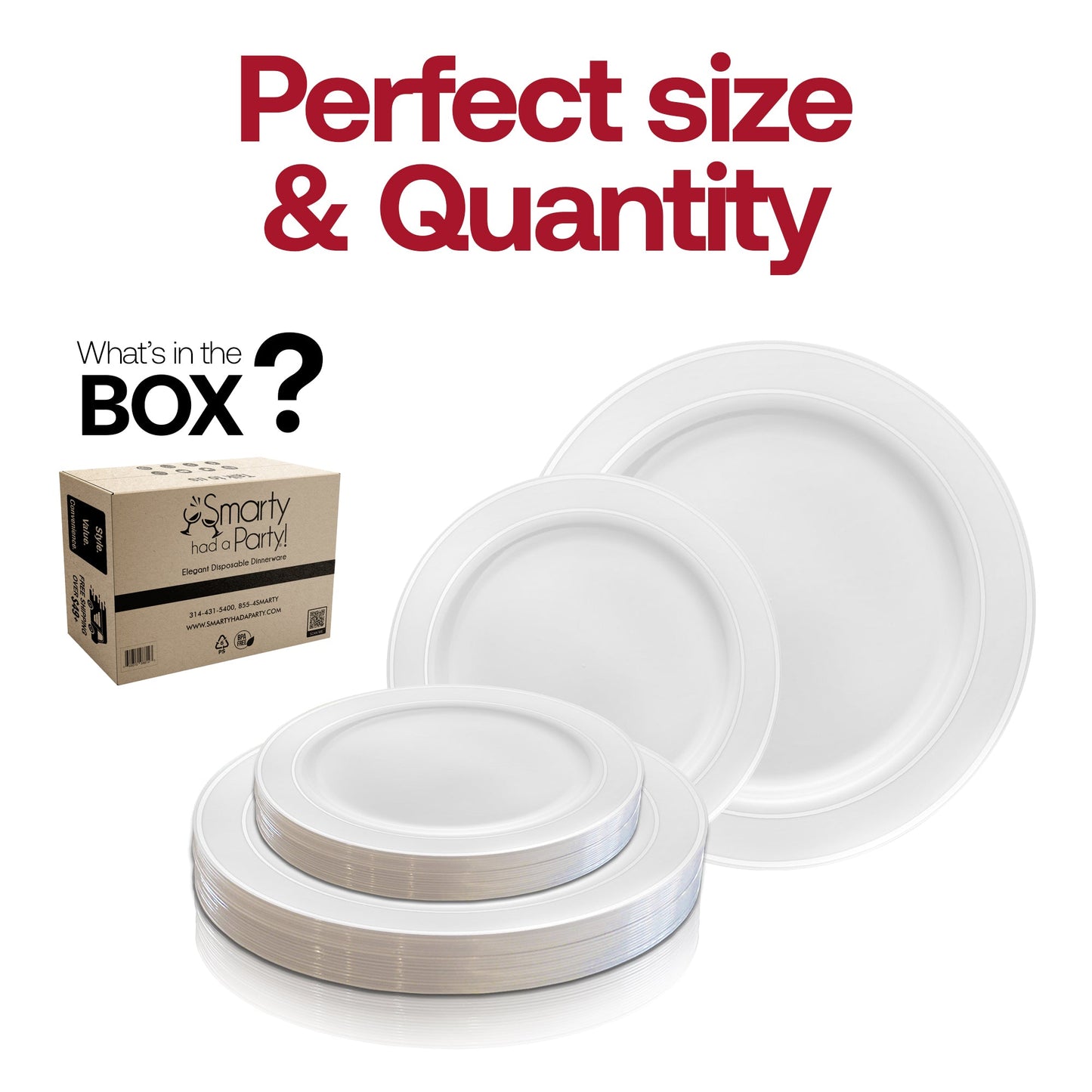 The 10.25-inch round dinner plate features a crisp white base and a shimmering silver rim—perfect for presenting main courses with a polished touch