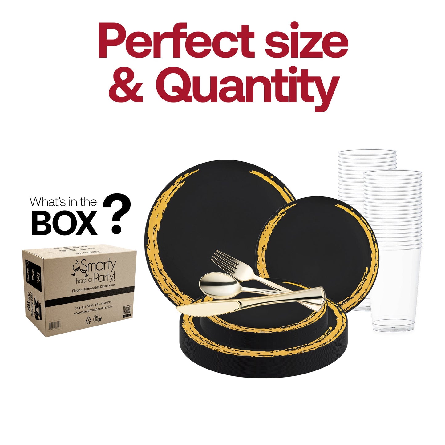 The Black with Gold Moonlight Round Disposable Plastic Wedding Value Set includes 10" dinner plates, 7.5" appetizer plates, 7.25" forks, 8" knives, 6.25" spoons, and 4.5" cups, ensuring everything you need for a stylish gathering