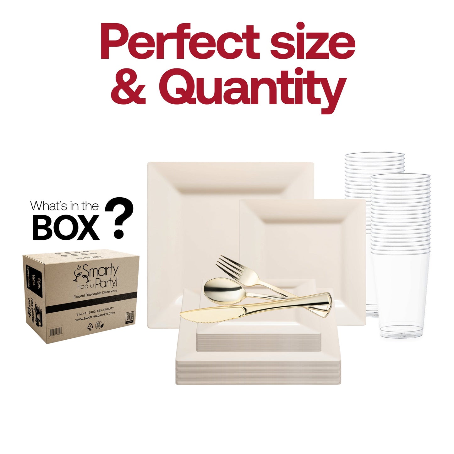 The Ivory Square Plastic Wedding Set includes 9.5-inch dinner plates, 6.5-inch appetizers, gold utensils, and 4.5-inch cups