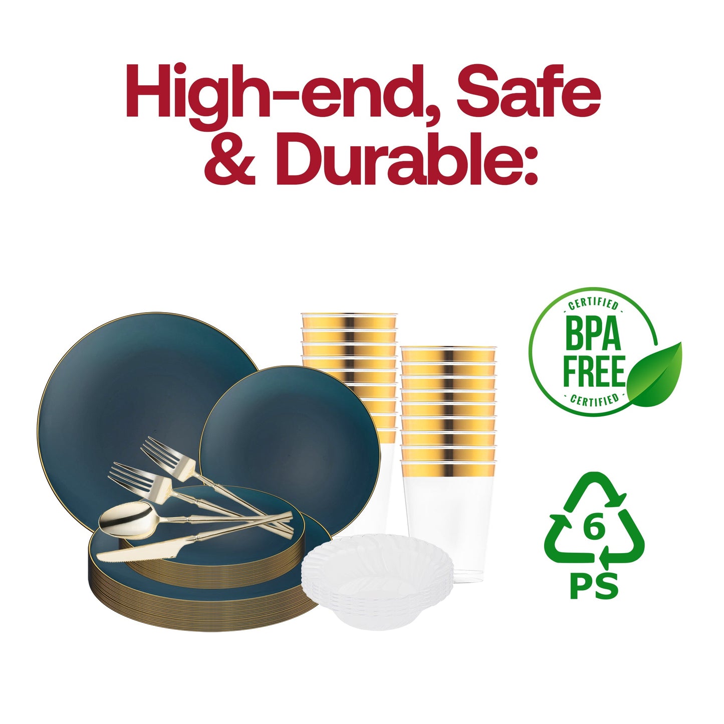 The Navy with Gold Organic Disposable Tableware Set features just-right sizing to host weddings, celebrations, and stylish feasts
