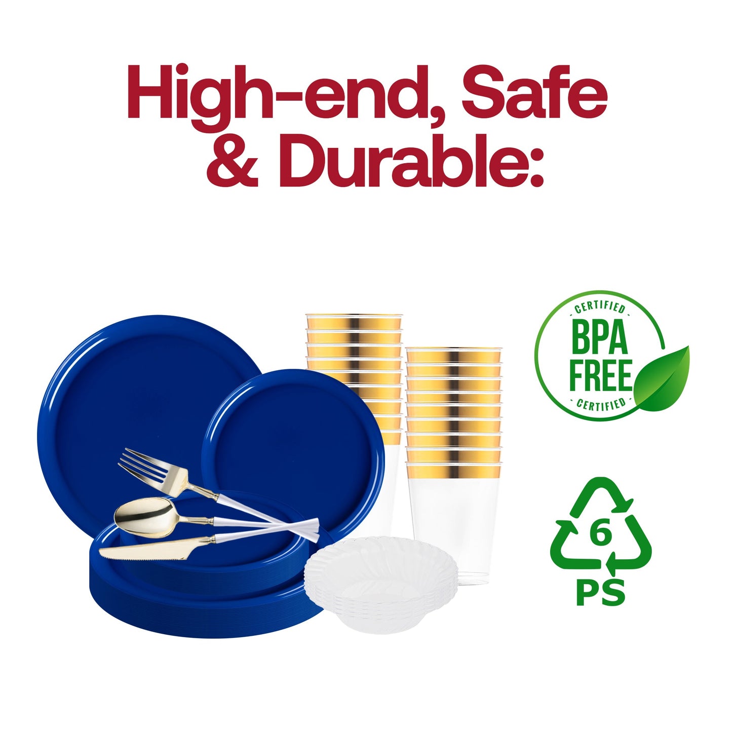 The Solid Blue Flat Round Tableware Set includes ideal sizes for serving stylish meals at weddings, dinners, or parties