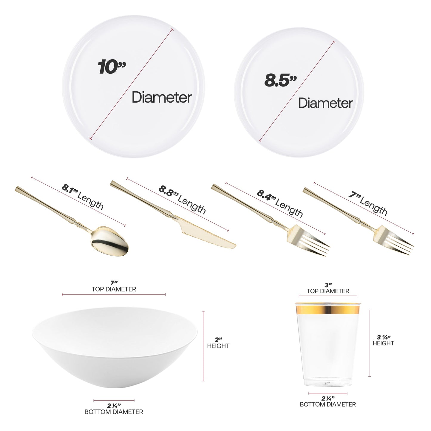 The White Flat Round Tableware Set includes 10” dinner and 8.5” appetizer plates, full cutlery set, 7” bowls, and 3.75” cups