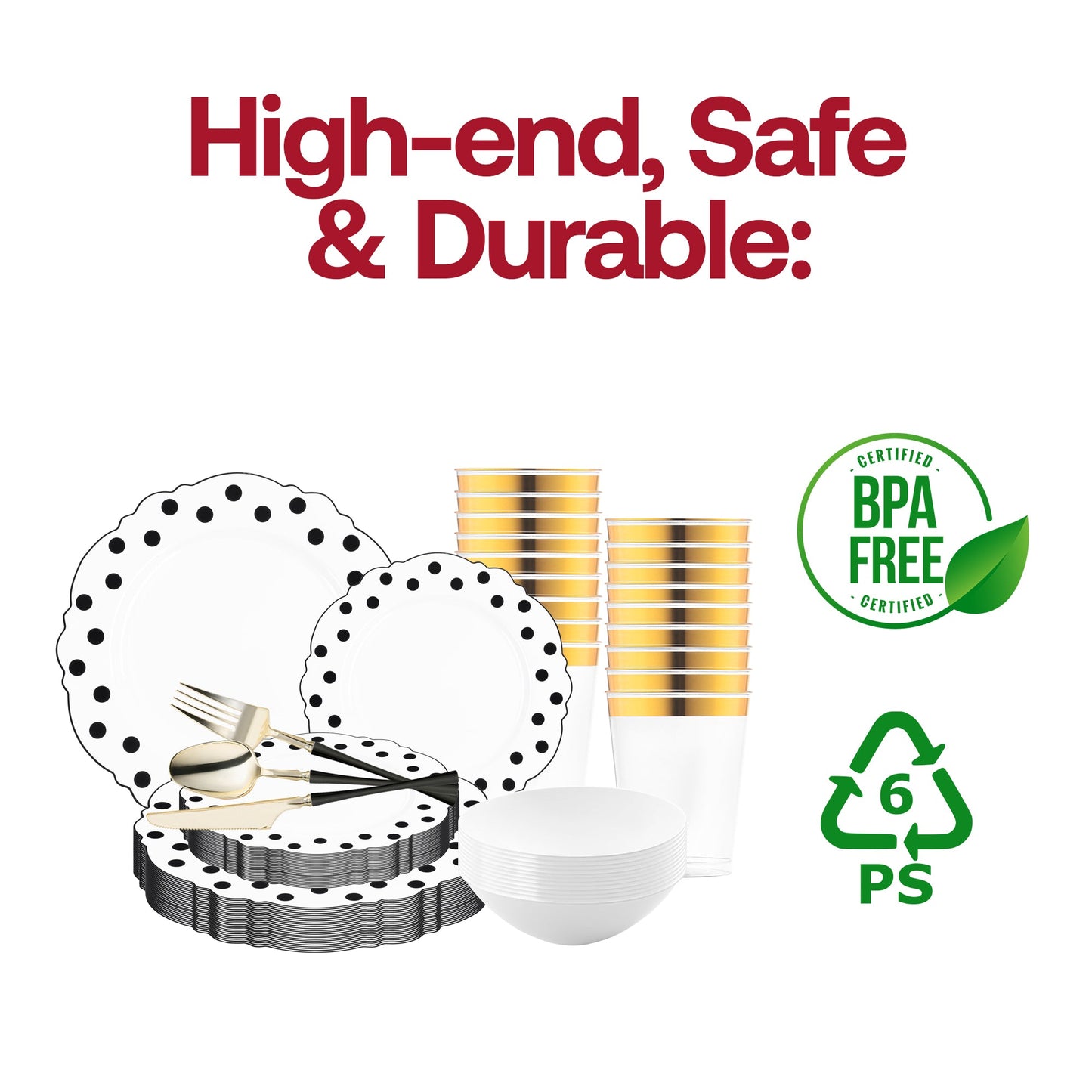 The White with Black Blossom Dots Disposable Plastic Tableware Set offers well-balanced sizing for formal meals and upscale events