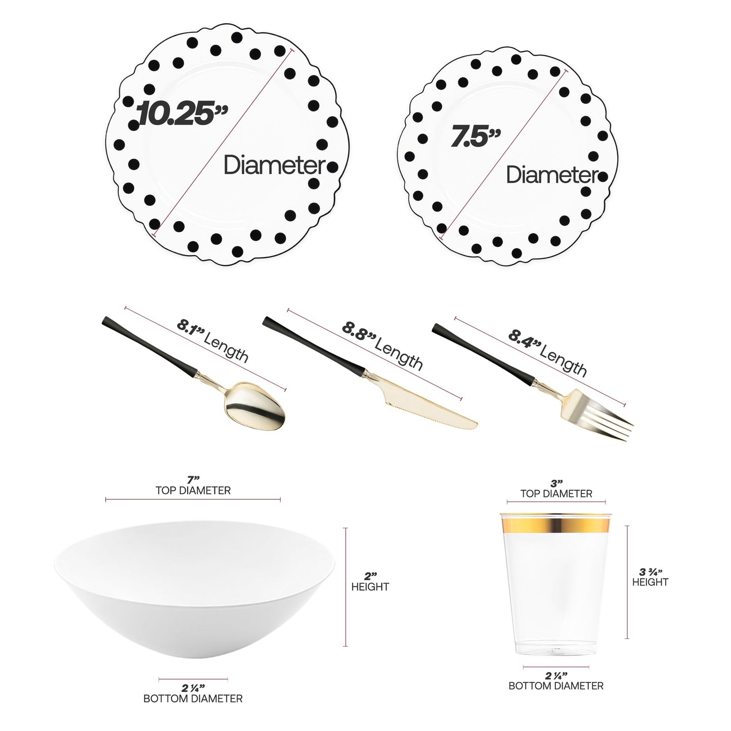 The White with Black Blossom Dots Disposable Tableware Set includes 10.25” dinner plates, 7.5” appetizers, gold utensils, 3.75” cups, and 7” bowls