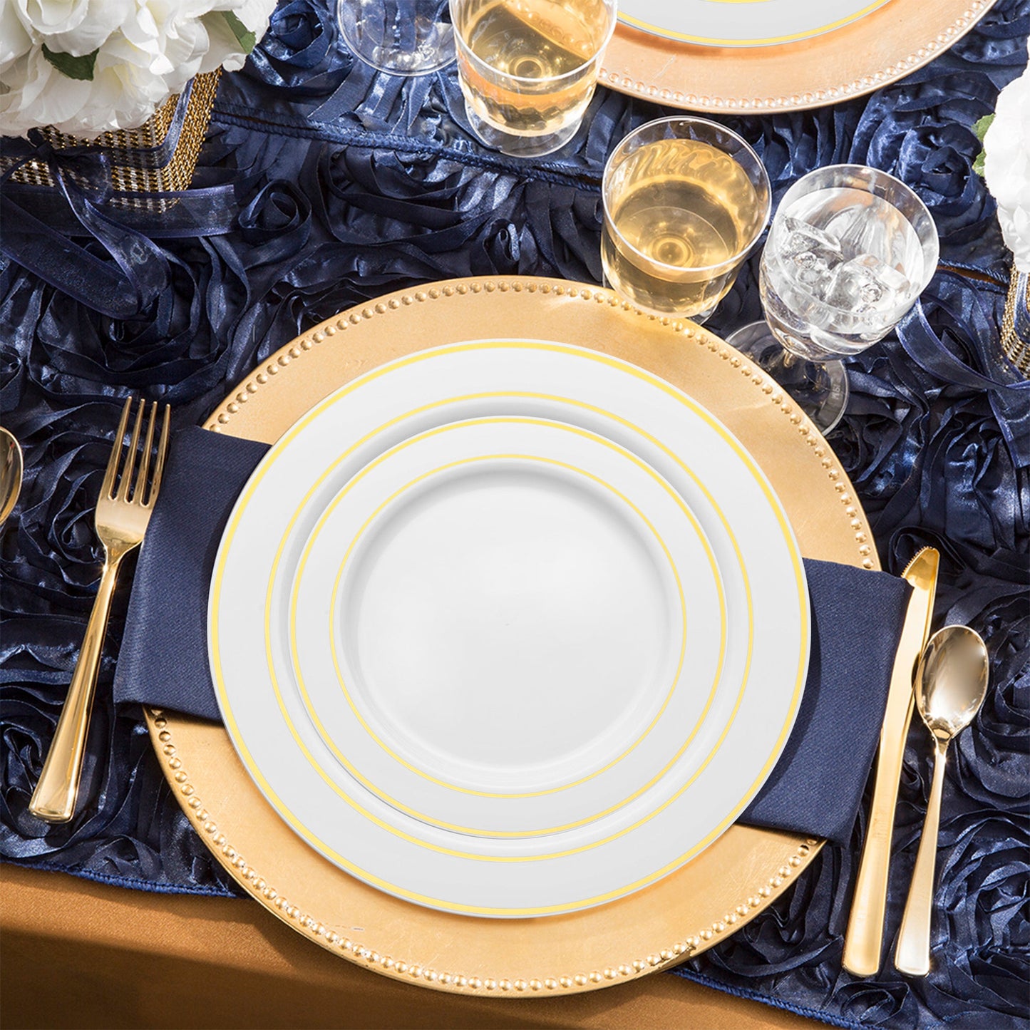 The White with Gold Edge Rim Plastic Wedding Set offers balanced sizes and quantities ideal for lavish weddings and receptions