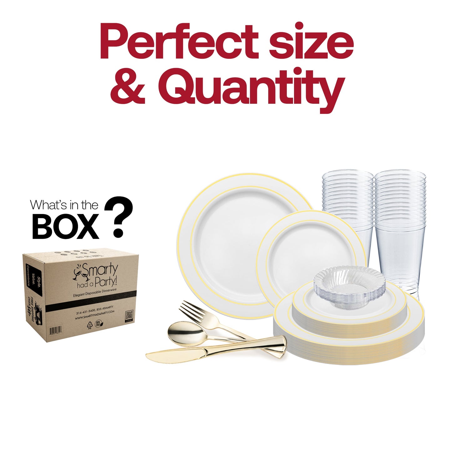 The White with Gold Edge Rim Plastic Wedding Value Set features 10.25" dinner plates, 7.5" appetizer plates, 7.25" forks, 8" knives, 6.25" spoons, and 4.5" cups, providing all the essential pieces needed for your gathering