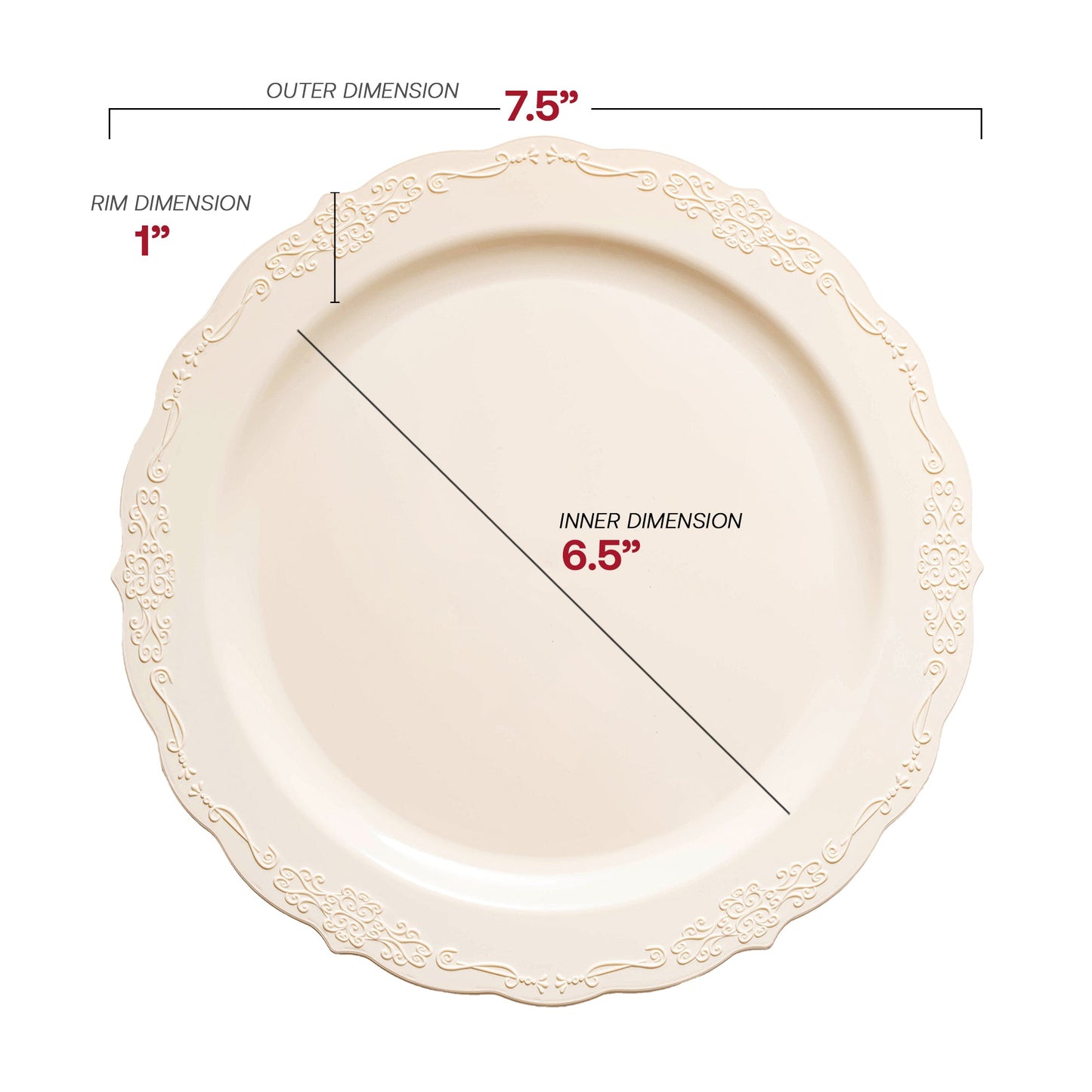 This 7.5-inch ivory round plate is perfect for appetizers or desserts, bringing a charming vintage touch to your presentation
