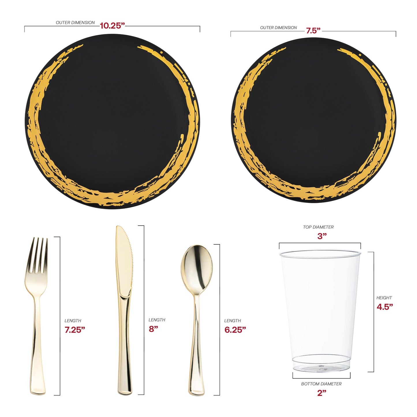 This Black with Gold Moonlight Round Disposable Plastic Wedding Value Set with gold cutlery is made from recyclable, BPA-free plastic, ensuring both safety and an eco-conscious choice for your special day