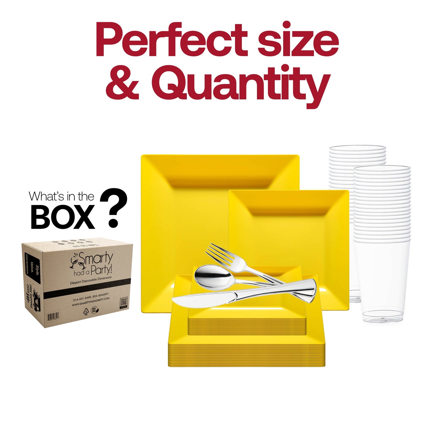 This set includes 9.5-inch dinner plates, 6.5-inch appetizer plates, 7.25-inch forks, 8-inch knives, 6.25-inch spoons, and 4.5-inch cups