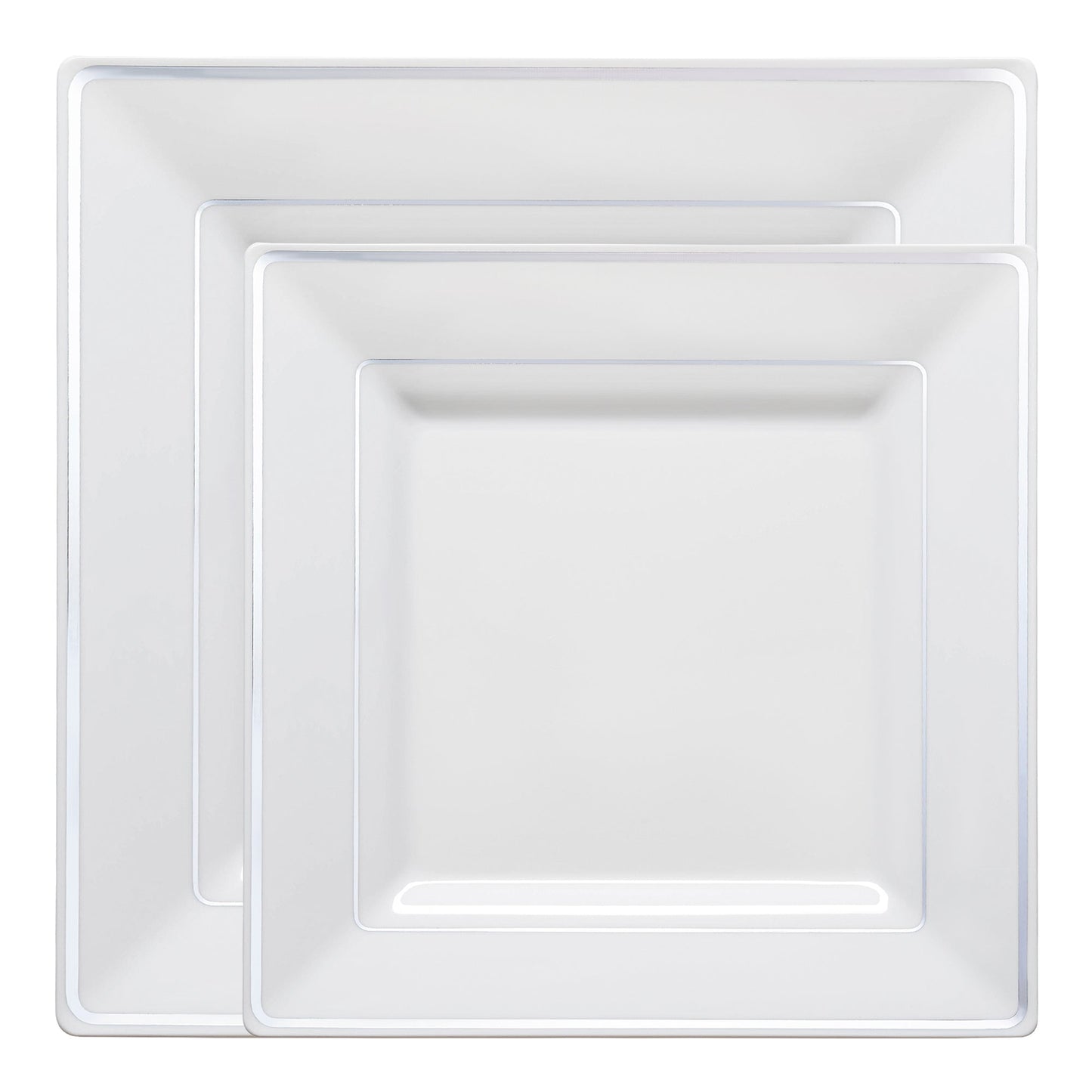 This sophisticated disposable dinnerware set features a sleek white design with a silver square edge rim, perfect for any occasion