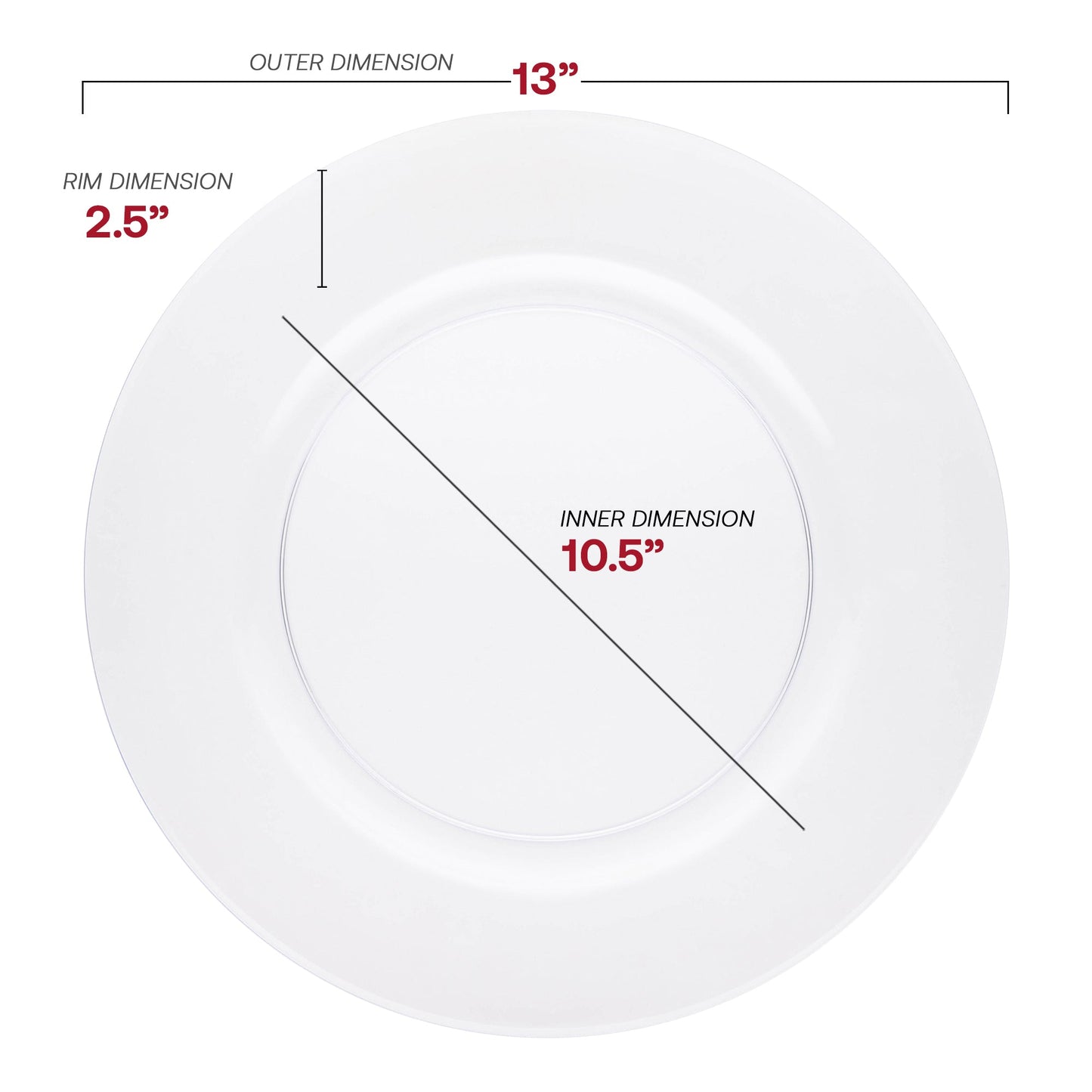 Transparent 13-inch plastic charger plates, disposable and lightweight